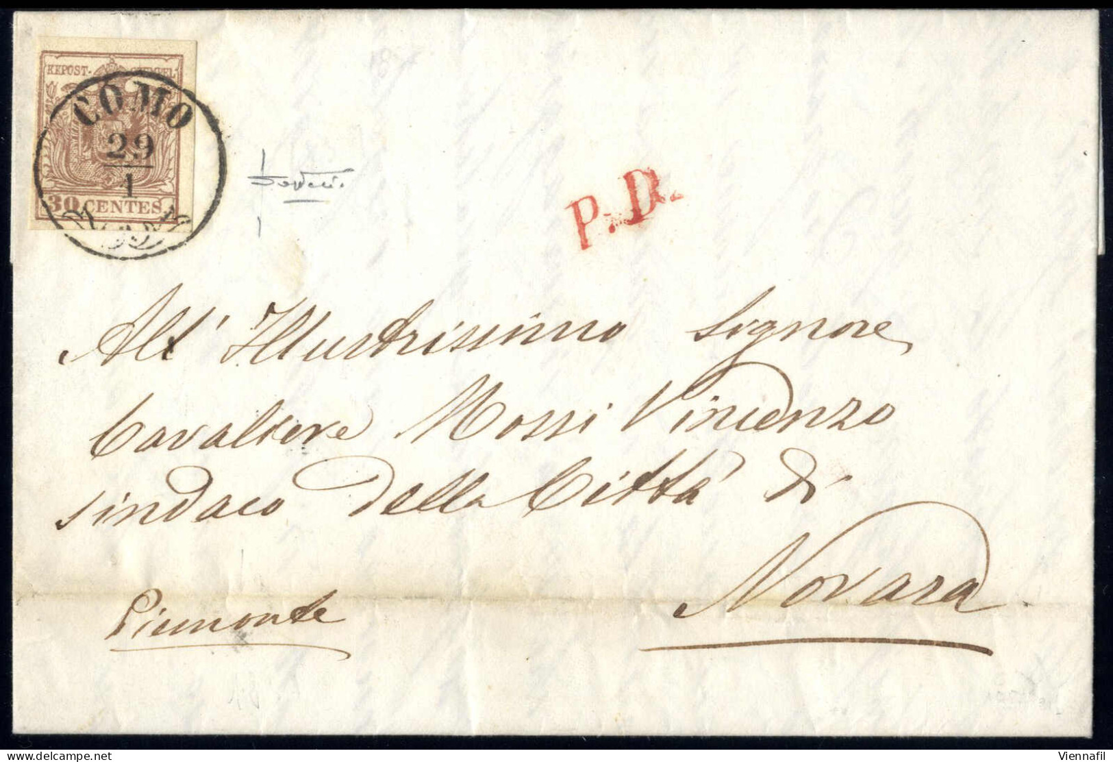 Cover 1857, Lettera Da Como Del 29.1 Per Novara Affrancata Con 30 C. Bruno Grigiastro II Tipo Carta A Macchina, Cert. So - Lombardije-Venetië