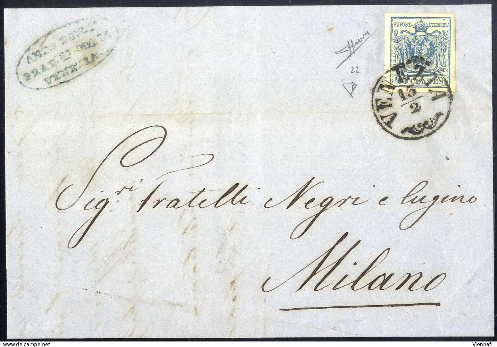 Cover 1858, Lettera Da Venezia Del 13.2 Per Milano Affrancata Con 45 C. Azzurro III Tipo Carta A Macchina, Firmata Soran - Lombardo-Venetien