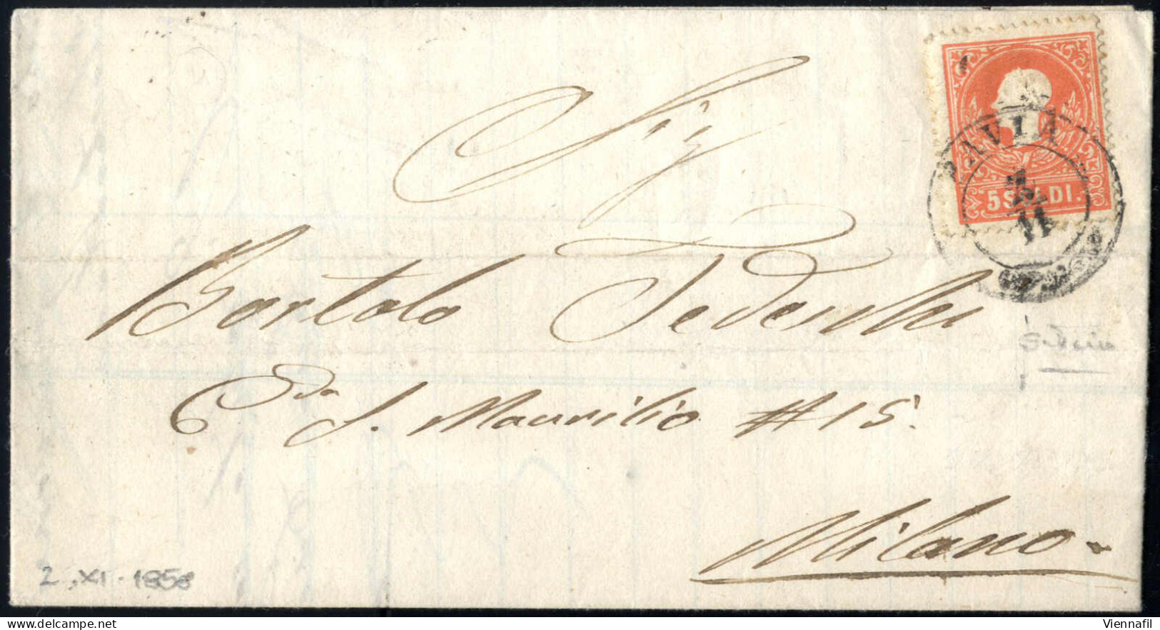 Cover 1858, Lettera Da Pavia Del 2.11 Secondo Giorno D'uso Per Milano Affrancata Con 5 S. Rosso Chiaro I Tipo, Cert. Sot - Lombardo-Vénétie