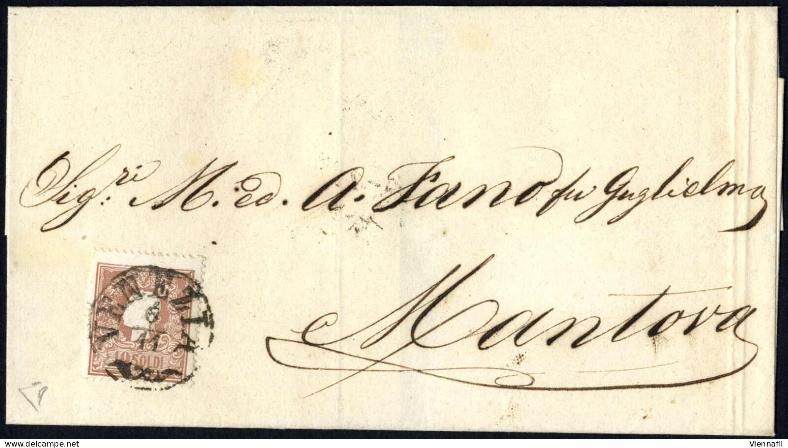 Cover 1858, Sette Lettere, 3 Con 5 S. Rosso E 4 Con 10 S. Bruno Della Seconda Emissione Con Annulli Del Primo Mese D'uso - Lombardy-Venetia