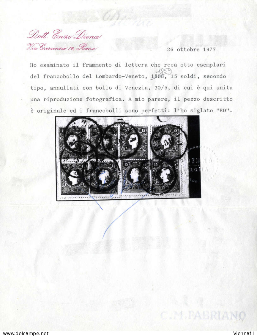 Piece 1859, Frammento Con Otto 15 S. Azzurro II Tipo, Annullato Venezia 30.5, Firmato Gazzi, Cert. Enzo Diena, Raro, Sas - Lombardo-Vénétie