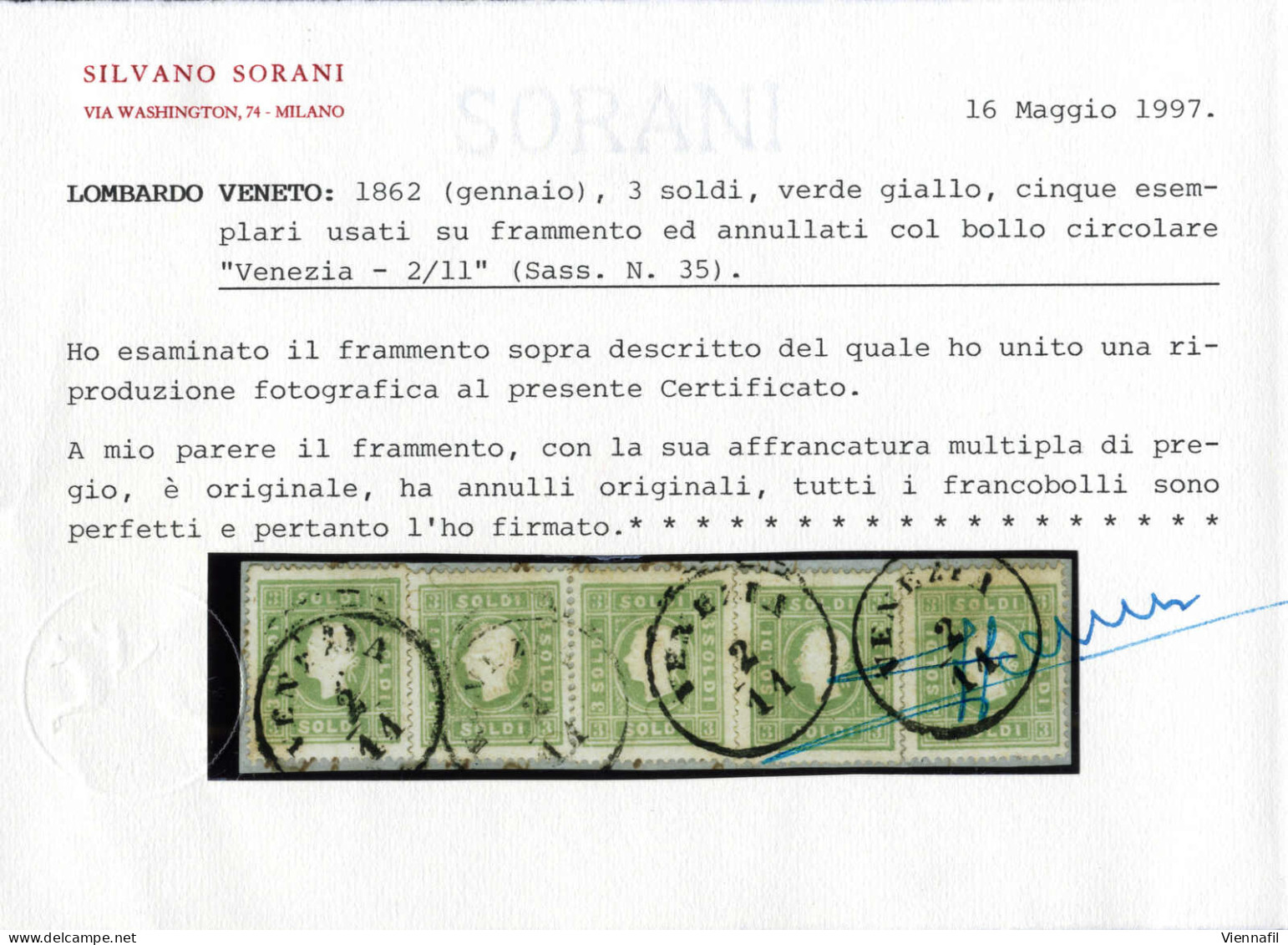 Piece 1862, Frammento Con Cinque 3 S. Verde Giallo, Annullato Venezia 2.11, Cert. Sorani, Raro, Sass. 35 - Lombardy-Venetia