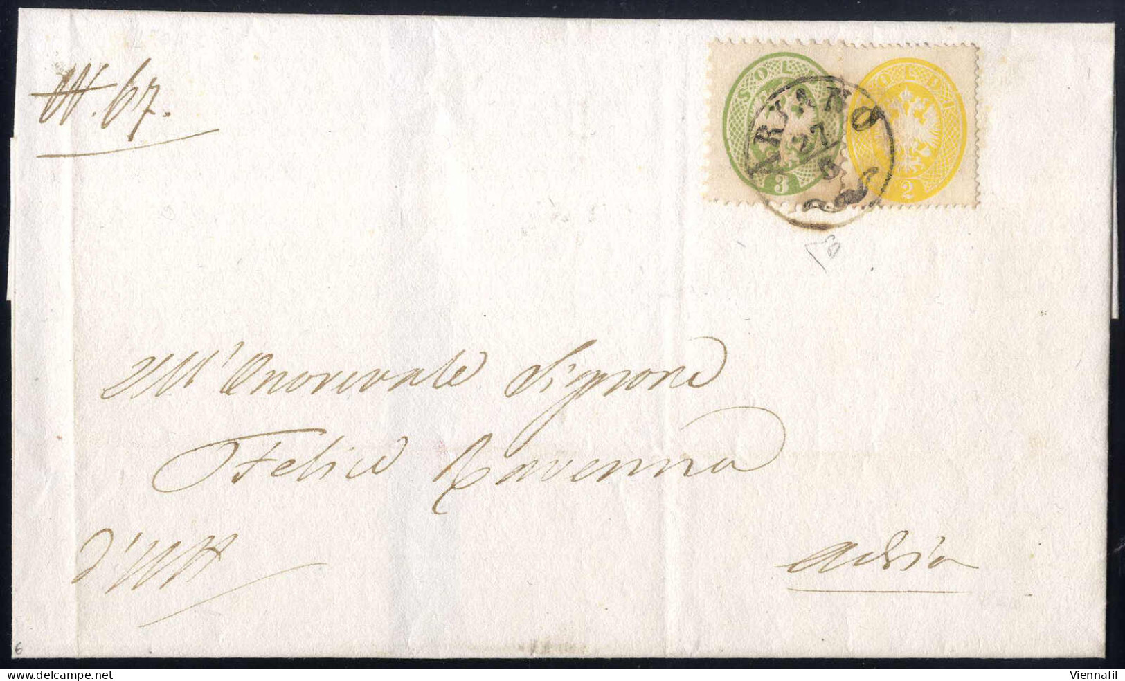 Cover 1864, Ariano, CO Punti 6, Lettera Del 27.5 Per Adria Affrancata Con 2 S. Giallo Dent. 14 E 3 S. Verde Dent. 9½, Fi - Lombardo-Vénétie