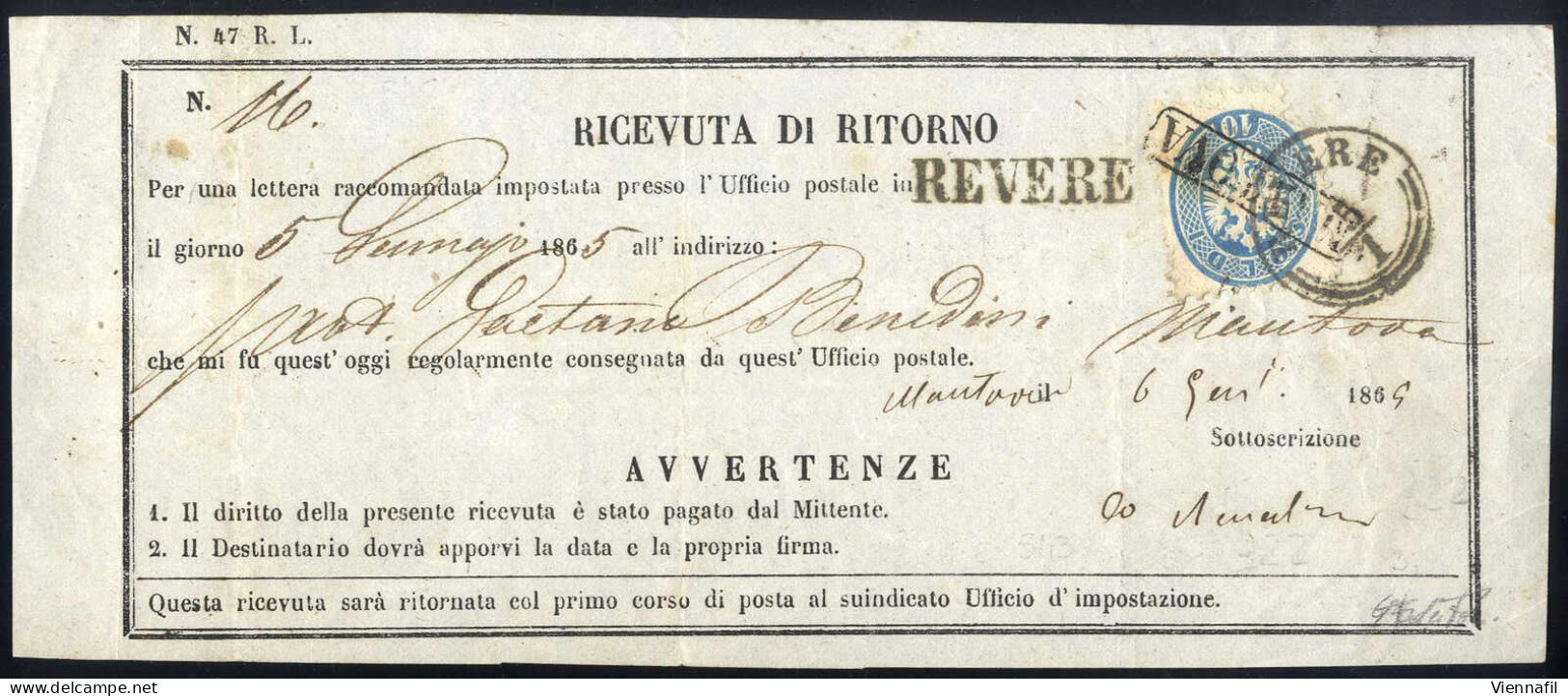 Cover 1865, Ricevuta Di Ritorno Da Revere Del 5.1 Per Mantova Affrancata Con 10 S. Azzurro Dent. 9½, Annullato Anche Con - Lombardo-Vénétie