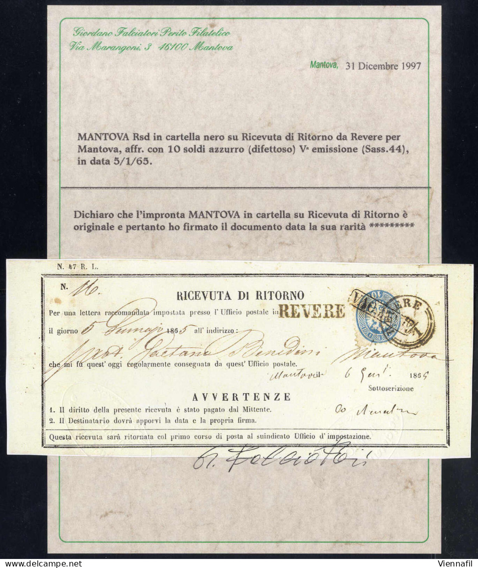 Cover 1865, Ricevuta Di Ritorno Da Revere Del 5.1 Per Mantova Affrancata Con 10 S. Azzurro Dent. 9½, Annullato Anche Con - Lombardo-Vénétie