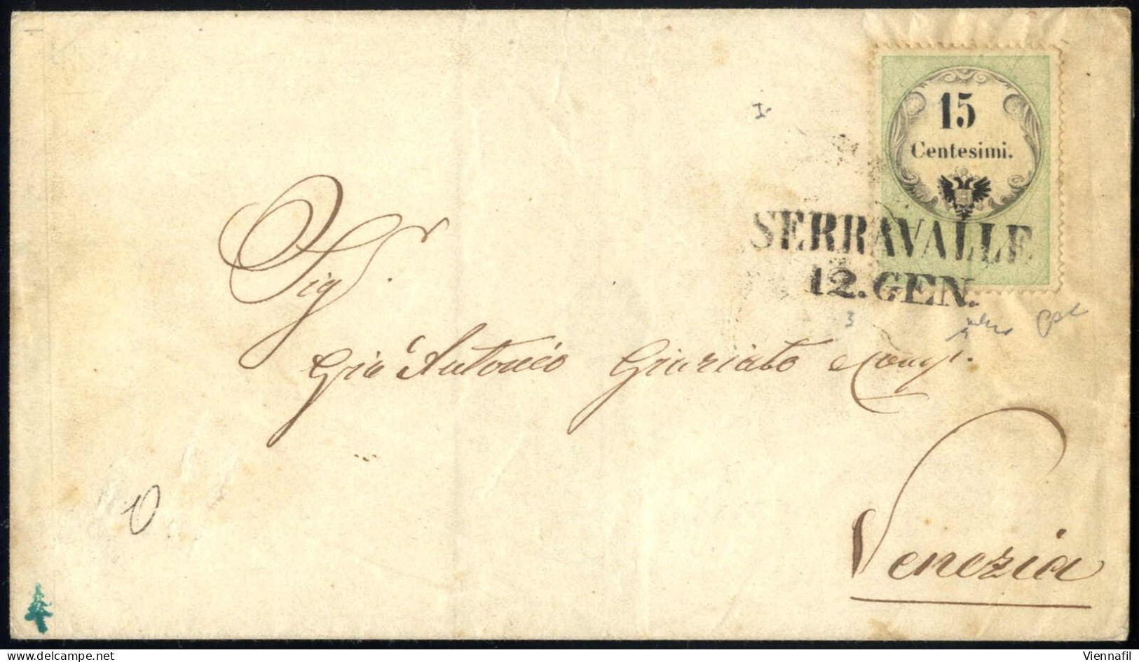 Cover 1855, Lettera Da Serravalle (SD Punti 5) Del 12.1 Per Venezia Affrancata Con 15 C. Marca Da Bollo Verde E Nero Tip - Lombardo-Vénétie