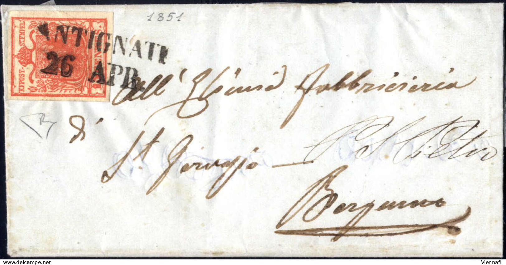 Cover Antignate, (SD Punti 11) Lettera Del 26.4.1851 Per Bergamo Affrancata Con 15 C. Rosso Vermiglio Intenso I Tipo Car - Lombardo-Venetien