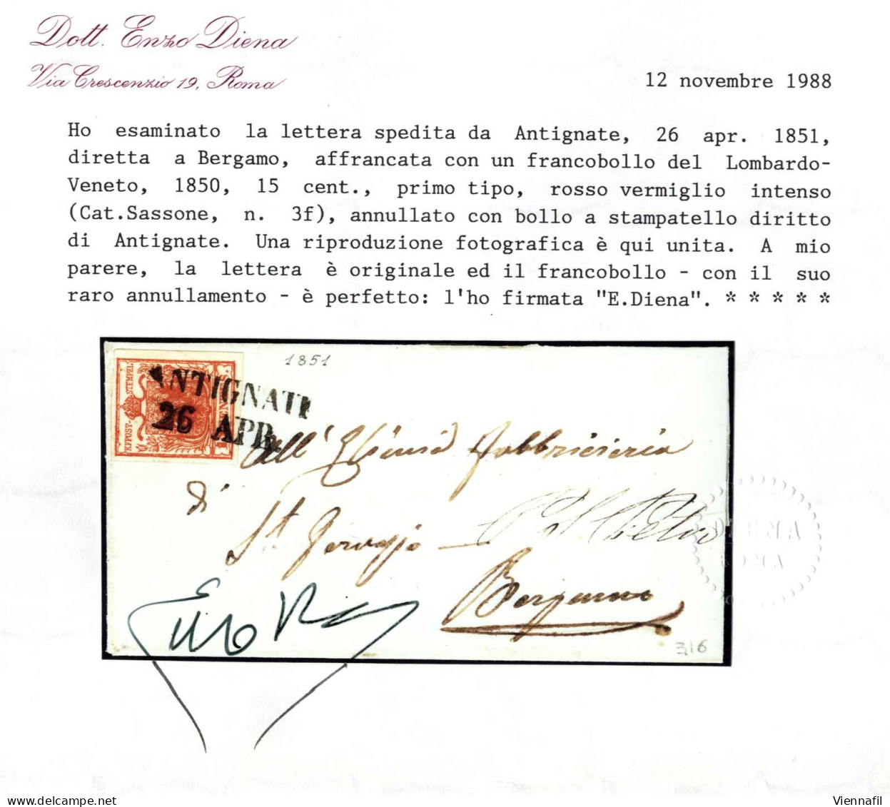 Cover Antignate, (SD Punti 11) Lettera Del 26.4.1851 Per Bergamo Affrancata Con 15 C. Rosso Vermiglio Intenso I Tipo Car - Lombardo-Venetien