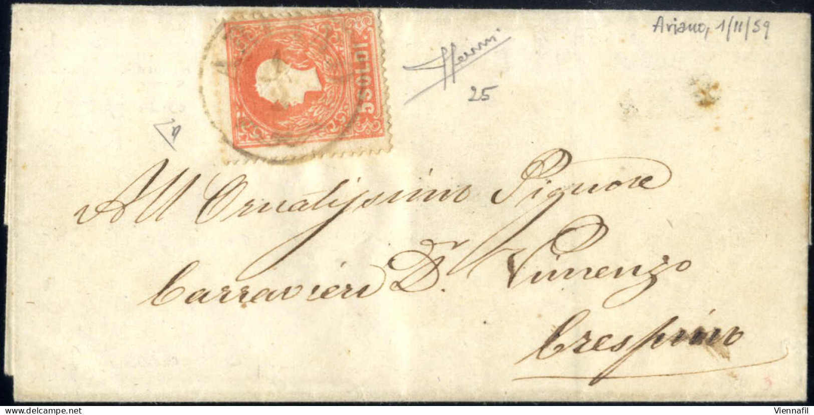 Cover Ariano, CO Nero Rossastro Punti 9, Lettera Del 1.2.1859 Per Crespino Affrancata Con 5 S. Rosso I Tipo, Firmata ED, - Lombardo-Venetien