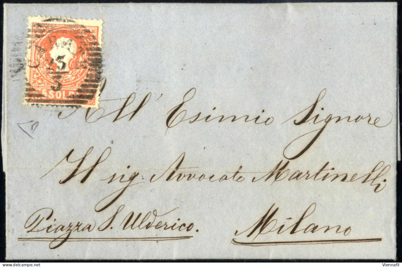 Cover Carate, LO Punti 10, Lettera Del 23.3.1859 Per Milano Affrancata Con 5 S. Rosso Chiaro I Tipo, Cert. Enzo Diena, S - Lombardo-Venetien