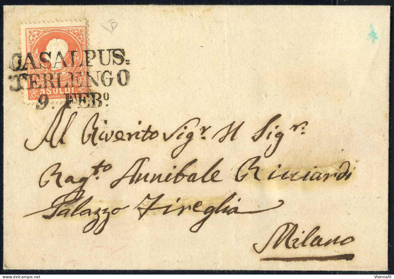 Cover Casalpus.terlengo, SD Punti 9, Lettera Del 9.2 Per Milano Affrancata Con 5 S. Rosso I Tipo, Firmata ED, Ex Provera - Lombardo-Vénétie