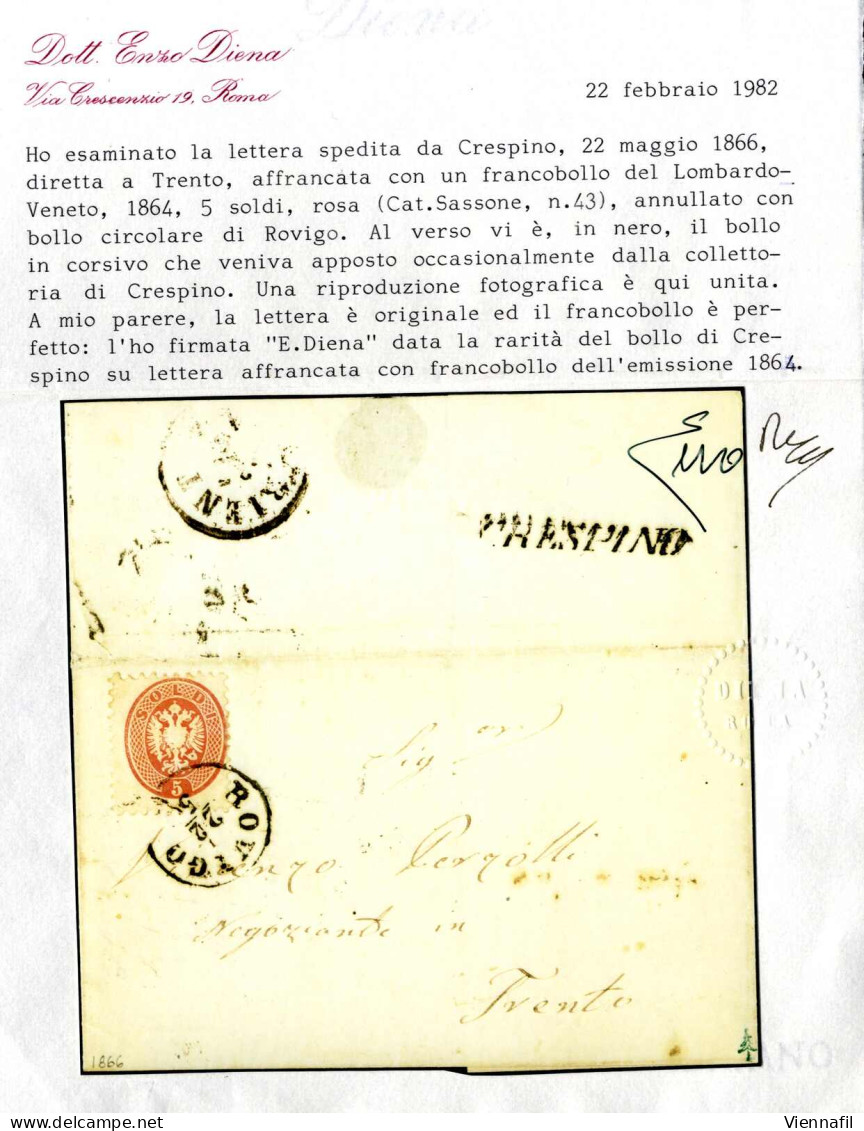 Cover Crespino, SI S.d. Punti 13, Lettera Del 22.5.1866 Per Trento Affrancata Con 5 S. Rosa Dent. 9½, Imbustata A Rovigo - Lombardo-Vénétie
