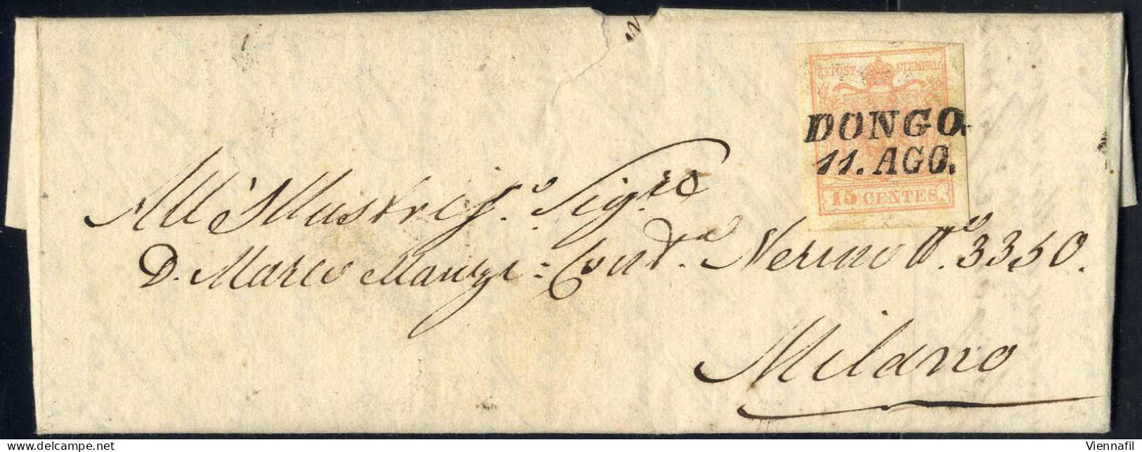 Cover Dongo, (SI Punti 5) Lettera Del 11.8.1858 Per Milano Affrancata Con 15 C. Rosa Carta A Macchina, Sass. 20 / 270,- - Lombardo-Vénétie