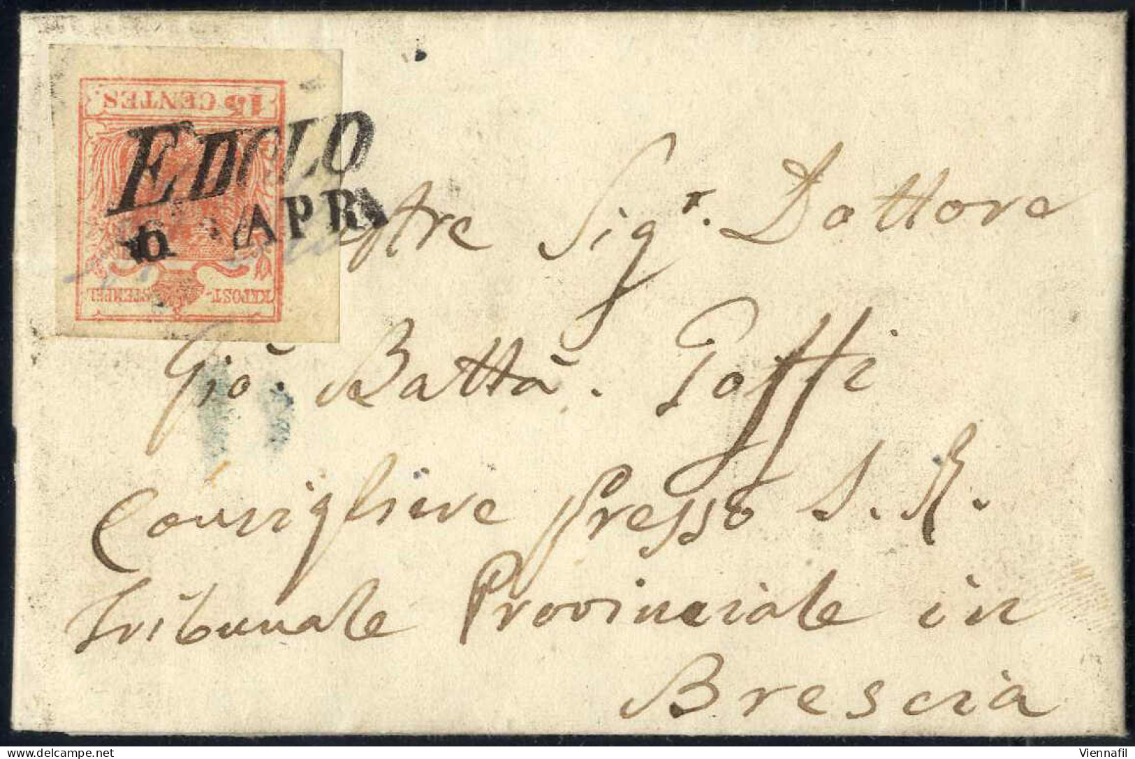 Cover Edolo, (SI Punti 5) Minilettera Del 6.8.1852 Per Brescia Affrancata Con 15 C. Rosa II Tipo Carta A Mano, Sass. 5 - Lombardije-Venetië