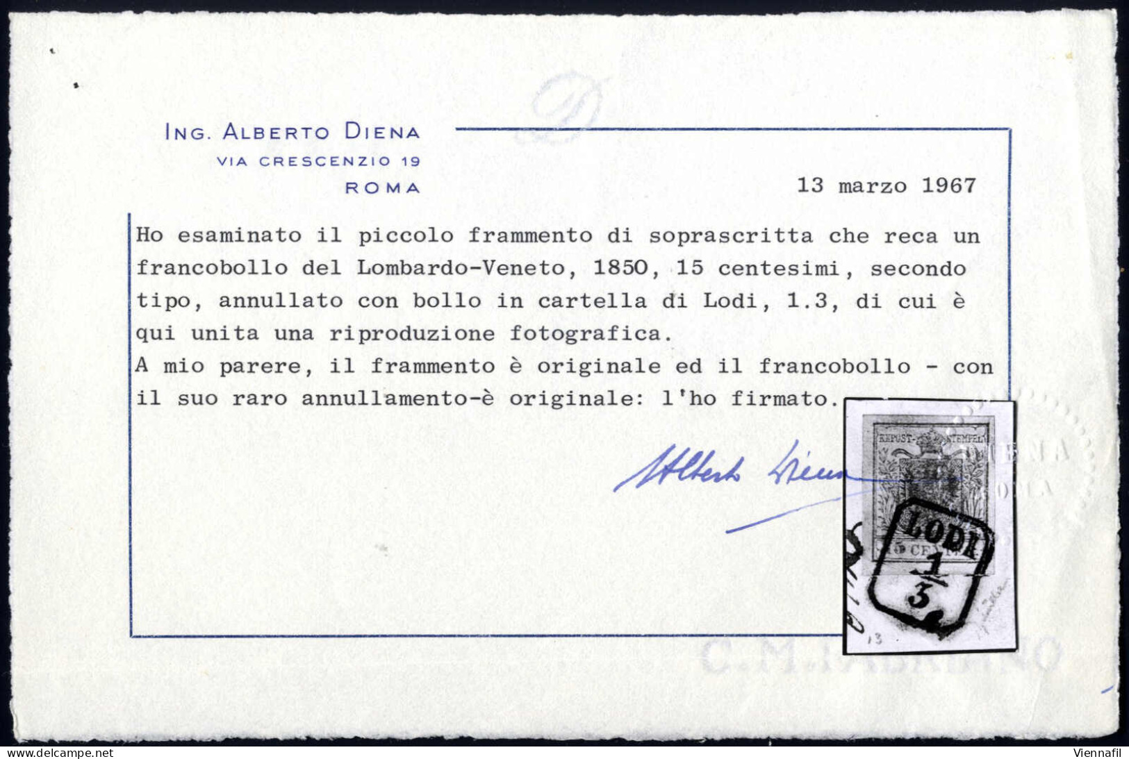 Piece Lodi, R D Punti R3, Frammento Del 1.3 Affrancato Con 15 C. Rosa II Tipo Carta A Mano, Cert. Alberto Diena, Ex Cape - Lombardo-Vénétie