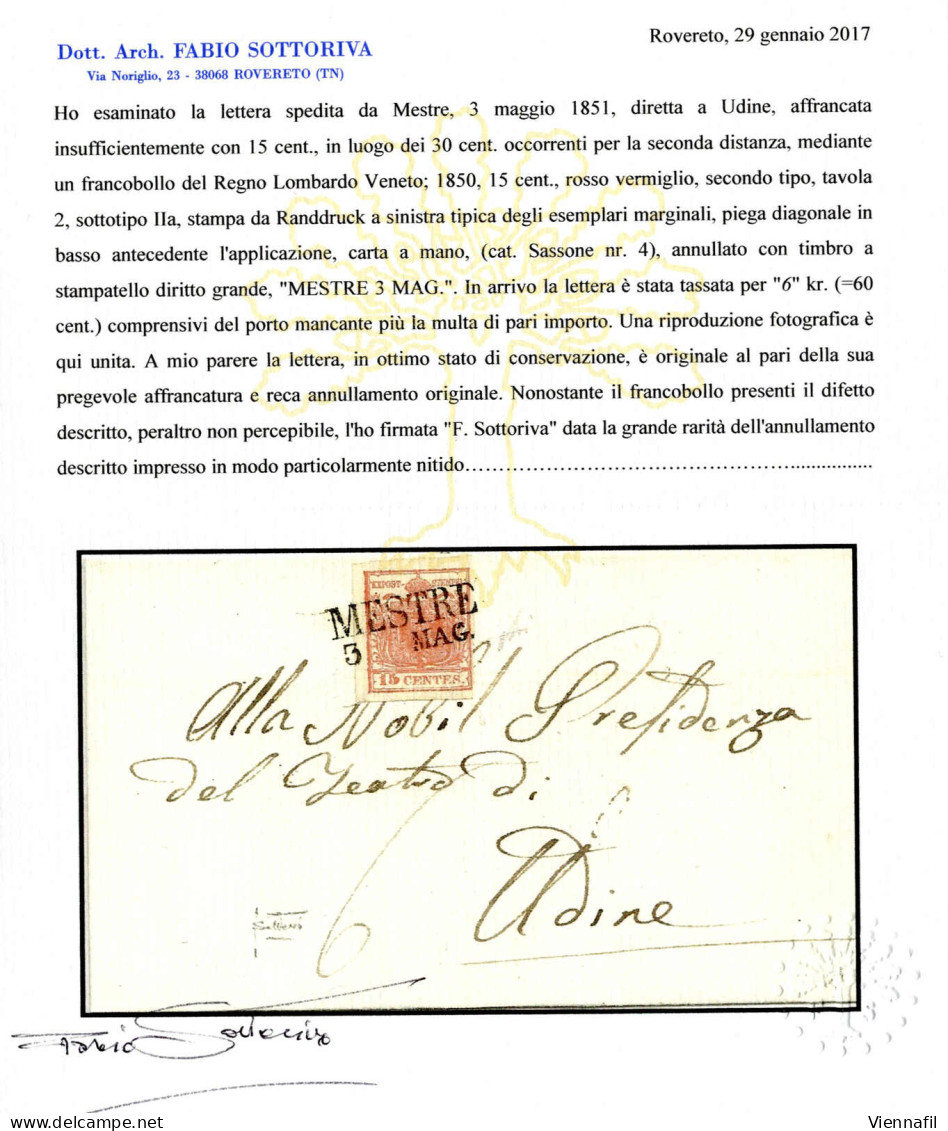 Cover Mestre, (SD Punti R1) Lettera Del 3.5.1851 Per Udine Affrancata Con 15 C. Rosso Vermiglio II Tipo Carta A Mano, Pi - Lombardo-Vénétie