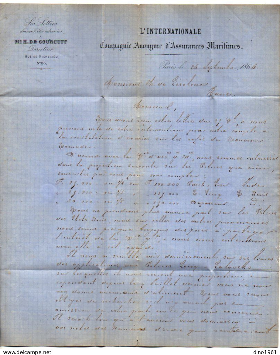 VP22.922 - 1863 - Lettre - ¨ L' INTERNATIONALE ¨ Compagnie Anonyme D'Assurances Maritimes M. De GOURCUF Pour LE HAVRE - Bank & Insurance