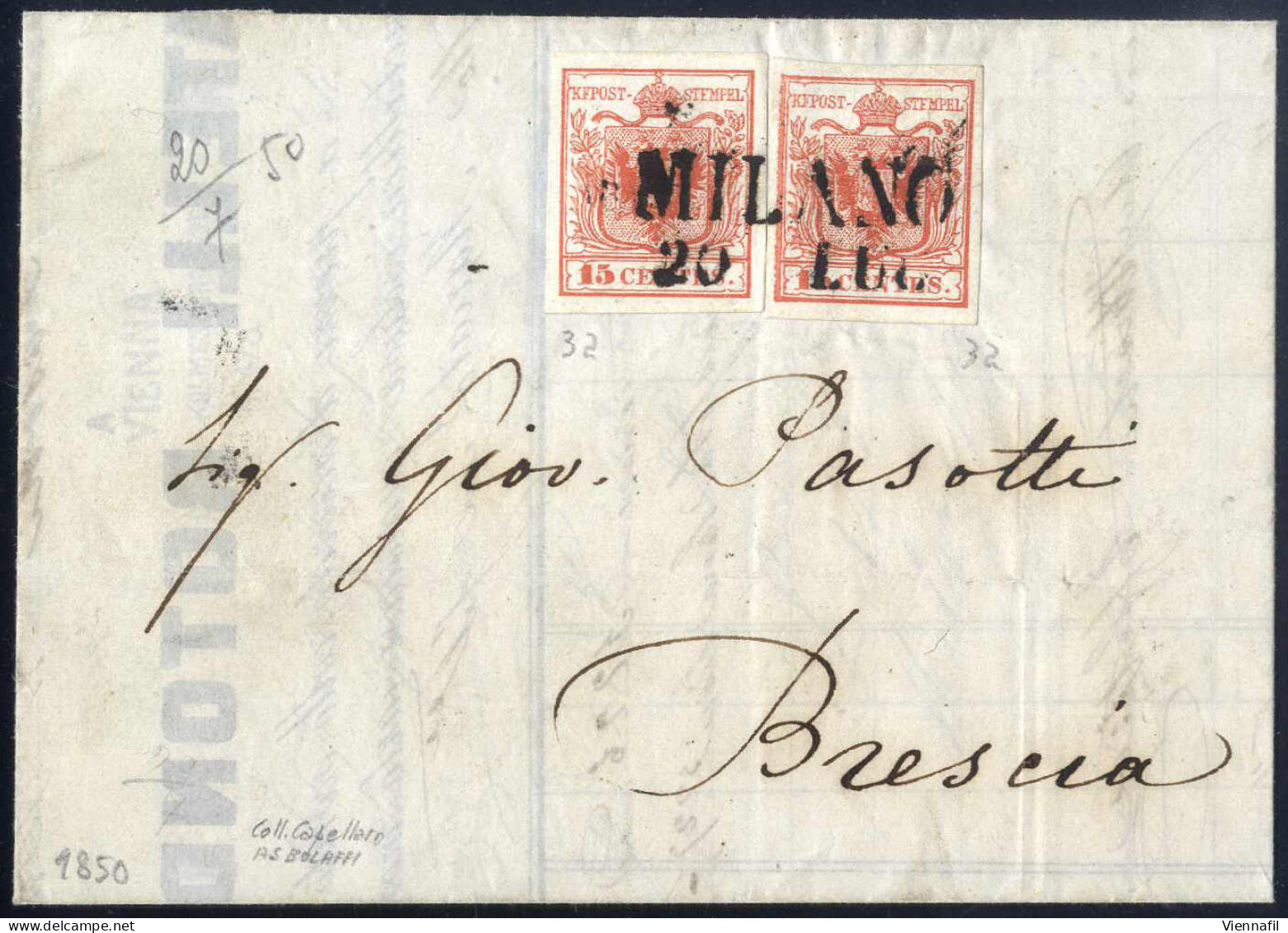 Cover Milano, (SD II Punti 6) Del 20.7.1850 Per Brescia Affrancata Con Due 15 C. Rosso I Tipo Prima Tiratura Carta A Man - Lombardy-Venetia