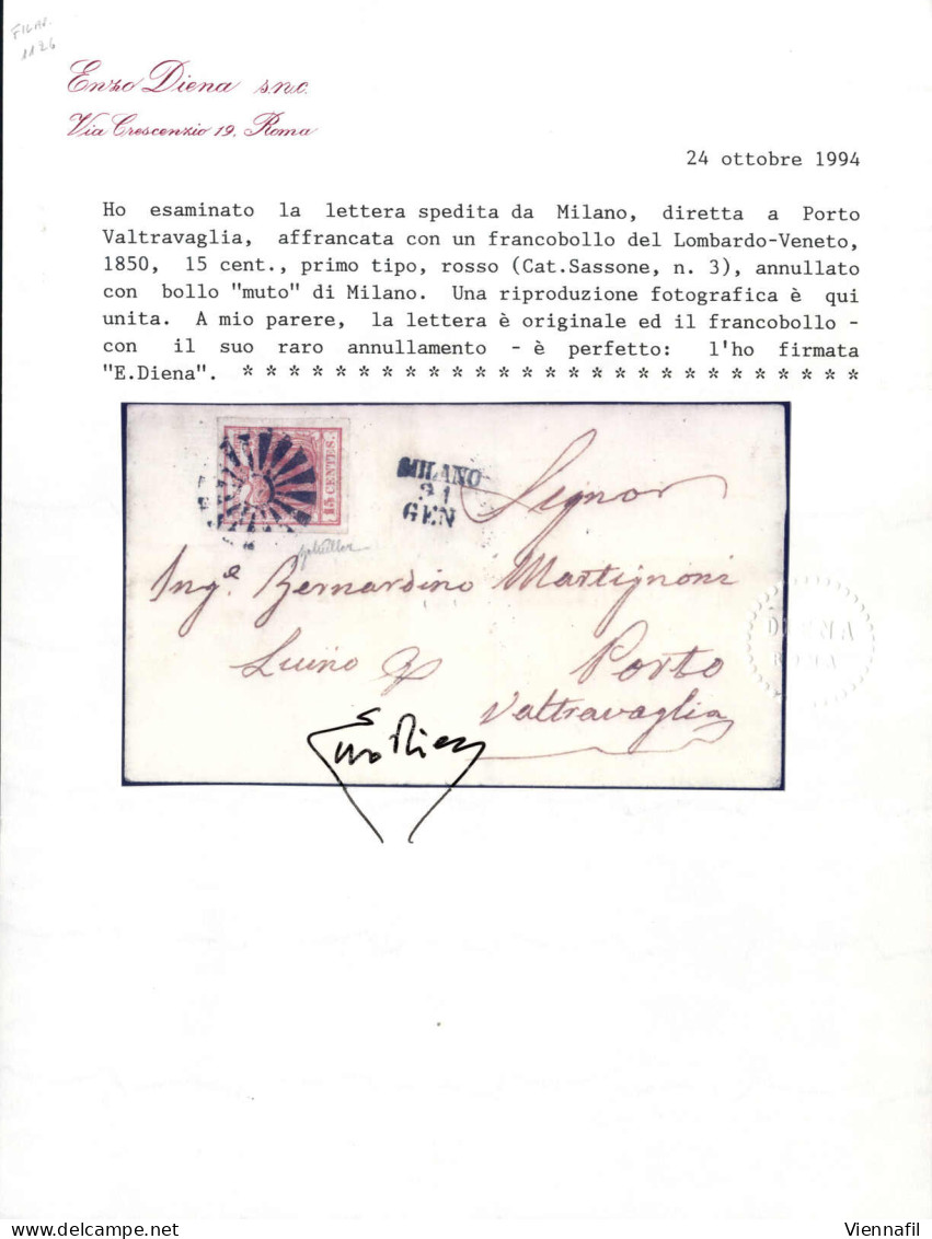 Cover Milano, M SD I Punti 11, Lettera Del 21.1 Per Porto Valtravaglia Affrancata Con 15 C. Rosso I Tipo Carta A Mano, F - Lombardo-Veneto