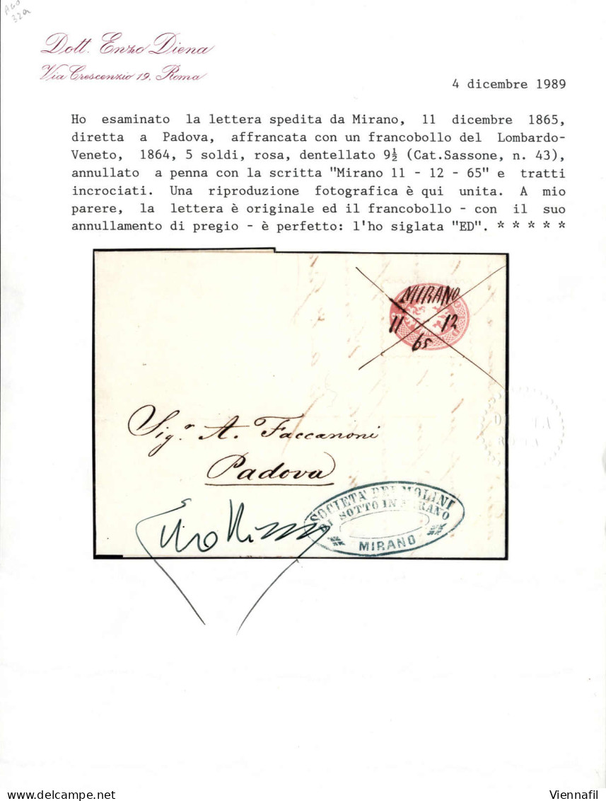 Cover Mirano, A Penna Punti 11, Lettera Del 11.12.1865 Per Padova Affrancata Con 5 S. Rosa Dent. 9½, Cert. Enzo Diena, S - Lombardy-Venetia