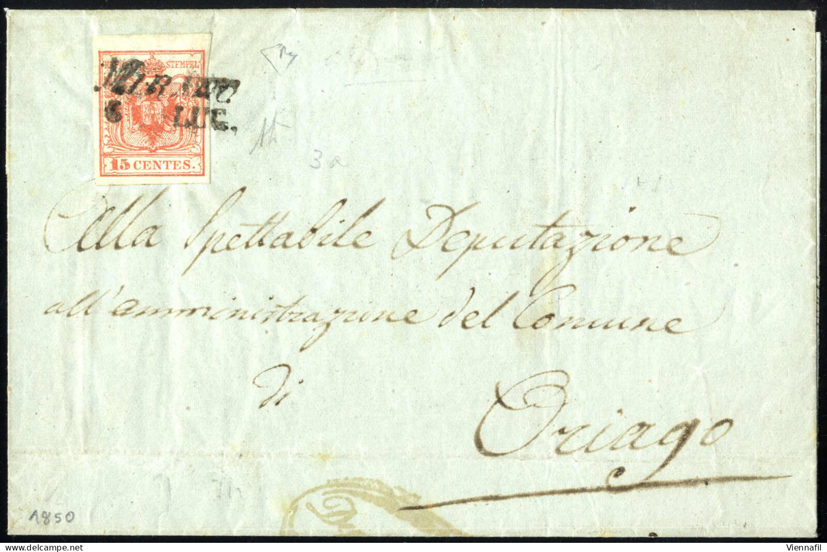 Cover Mirano, SI Azzurro Scuro Punti 12, Lettera Del 6.7.1850 Per Oriago Affrancata Con 15 C. Rosso I Tipo Prima Tiratur - Lombardo-Vénétie