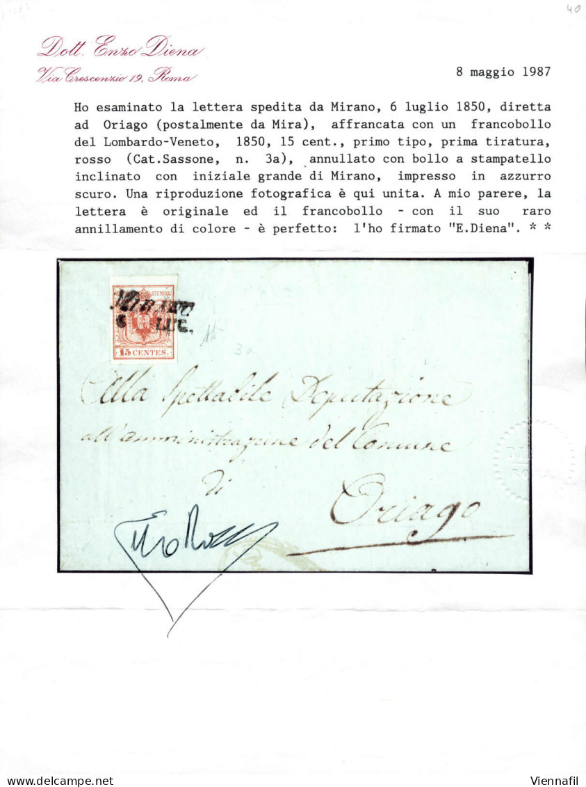 Cover Mirano, SI Azzurro Scuro Punti 12, Lettera Del 6.7.1850 Per Oriago Affrancata Con 15 C. Rosso I Tipo Prima Tiratur - Lombardo-Vénétie