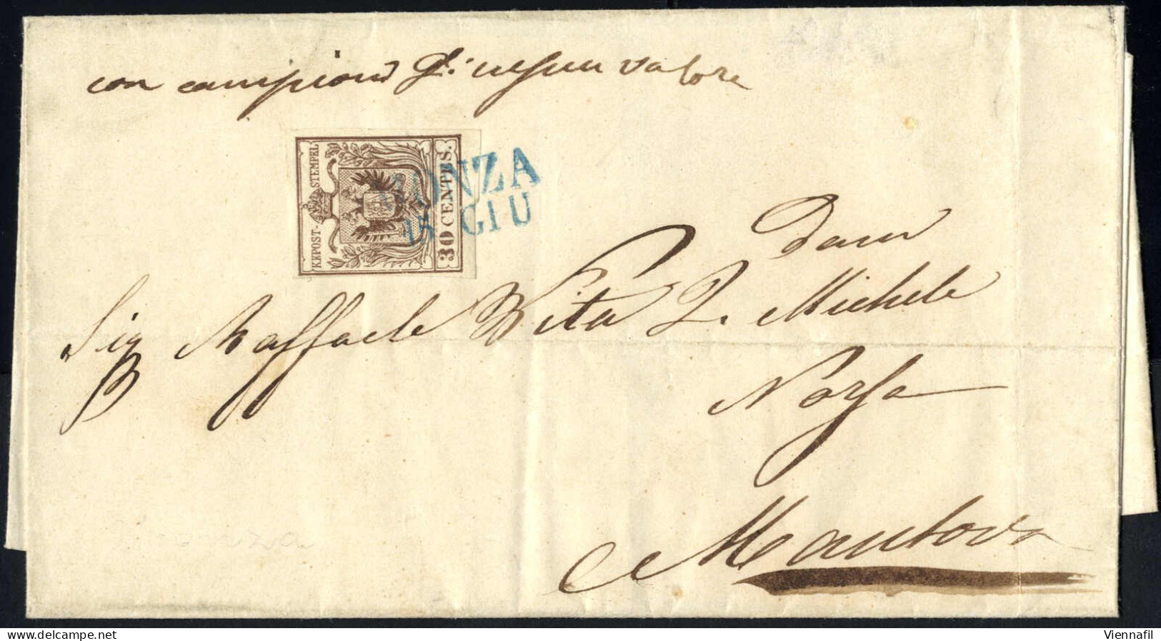 Cover Monza, (SD Azzurro Punti R1) Lettera Del 15.6.1850 Quindicesimo Giorno D`uso Per Mantova, Affrancata Con 30 C. Bru - Lombardije-Venetië