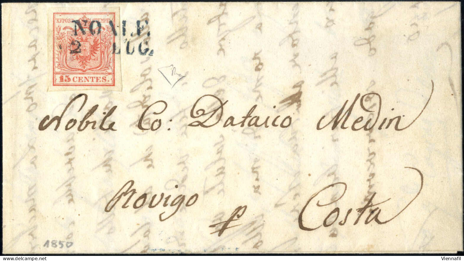 Cover Noale, (SD Azzurro Punti R3) Lettera Del 2.7.1850 Per Rovigo Affrancata Con 15 C. Rosso I Tipo Prima Tiratura Cart - Lombardy-Venetia