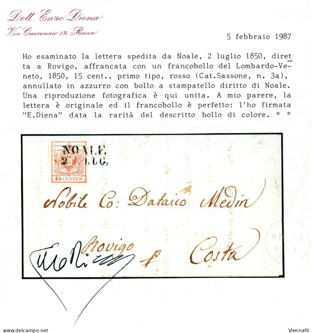 Cover Noale, (SD Azzurro Punti R3) Lettera Del 2.7.1850 Per Rovigo Affrancata Con 15 C. Rosso I Tipo Prima Tiratura Cart - Lombardy-Venetia