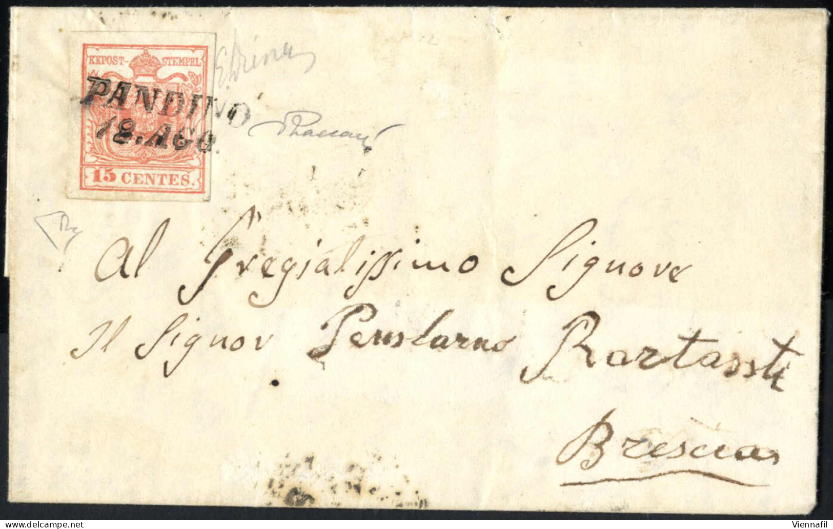 Cover Pandino, SI Punti 12, Lettera Del 18.8.1856 Per Brescia Affrancata Con 15 C. Rosa Salmone III Tipo Carta A Macchin - Lombardo-Vénétie