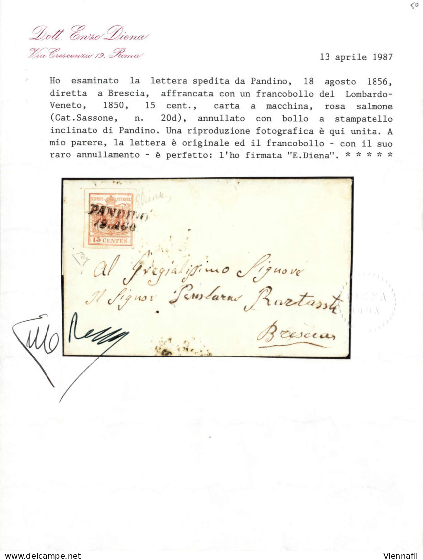 Cover Pandino, SI Punti 12, Lettera Del 18.8.1856 Per Brescia Affrancata Con 15 C. Rosa Salmone III Tipo Carta A Macchin - Lombardo-Vénétie