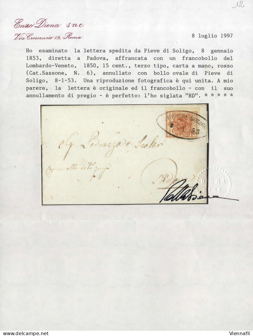 Cover Pieve Di Soligo, O53 Punti 8, Lettera Del 8.1.1853 Per Padova Affrancata Con 15 C. Rosso III Tipo Carta A Mano, Fi - Lombardo-Vénétie