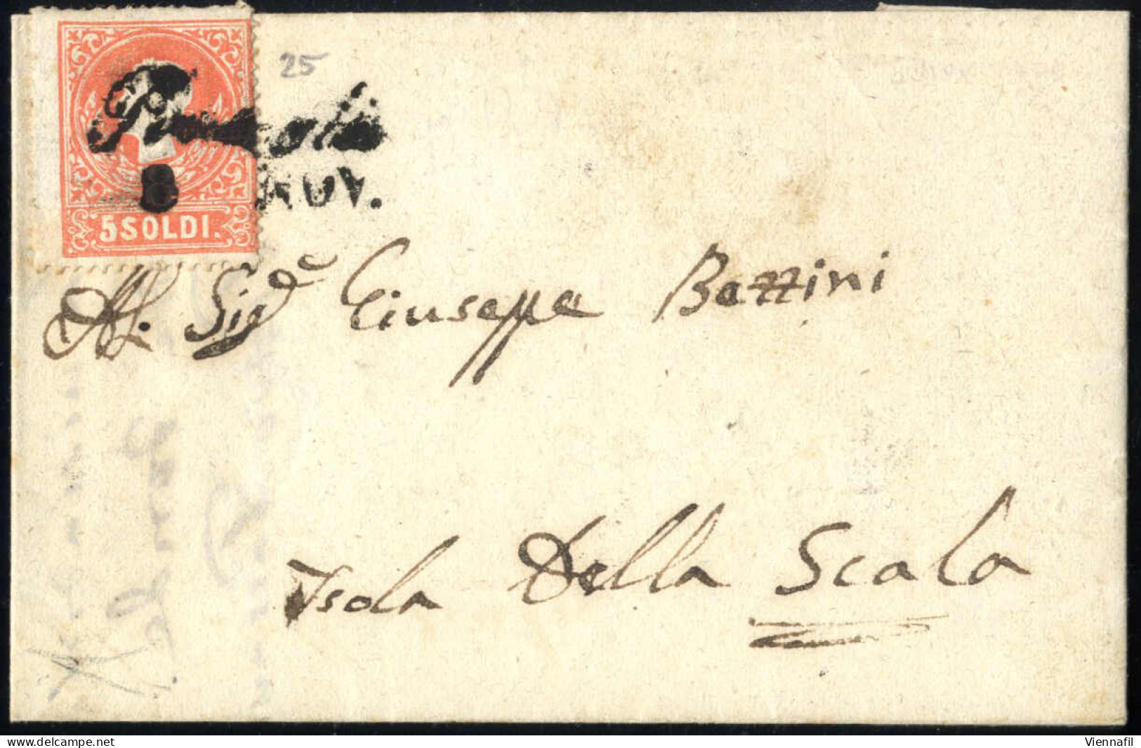 Cover Preseglie, Cor. Punti 11, Lettera Del 8.11.1858 Per Isola Della Scala Affrancata Con 5 S. Rosso I Tipo, Cert. Bott - Lombardo-Vénétie