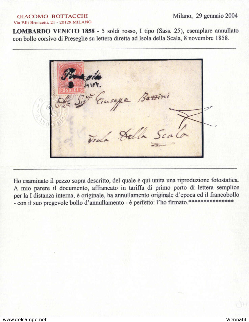 Cover Preseglie, Cor. Punti 11, Lettera Del 8.11.1858 Per Isola Della Scala Affrancata Con 5 S. Rosso I Tipo, Cert. Bott - Lombardo-Vénétie