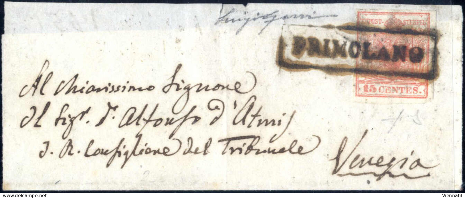 Cover Primolano, R S.d. Punti R3, Soprascritta Di Lettera Per Venezia Affrancata Con 15 C. Rosso I Tipo Prima Tiratura C - Lombardo-Vénétie