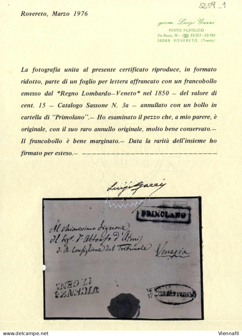 Cover Primolano, R S.d. Punti R3, Soprascritta Di Lettera Per Venezia Affrancata Con 15 C. Rosso I Tipo Prima Tiratura C - Lombardo-Vénétie