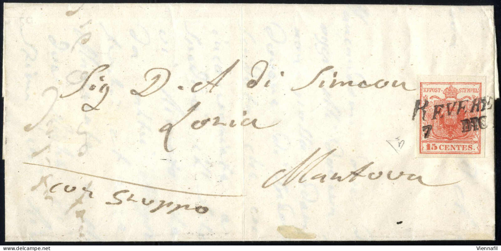 Cover Revere, (SI Punti 5) Lettera Del 7.12.1850 Per Venezia Affrancata Con 15 C. Rosso I Tipo Carta A Mano, Firmata ED, - Lombardo-Vénétie