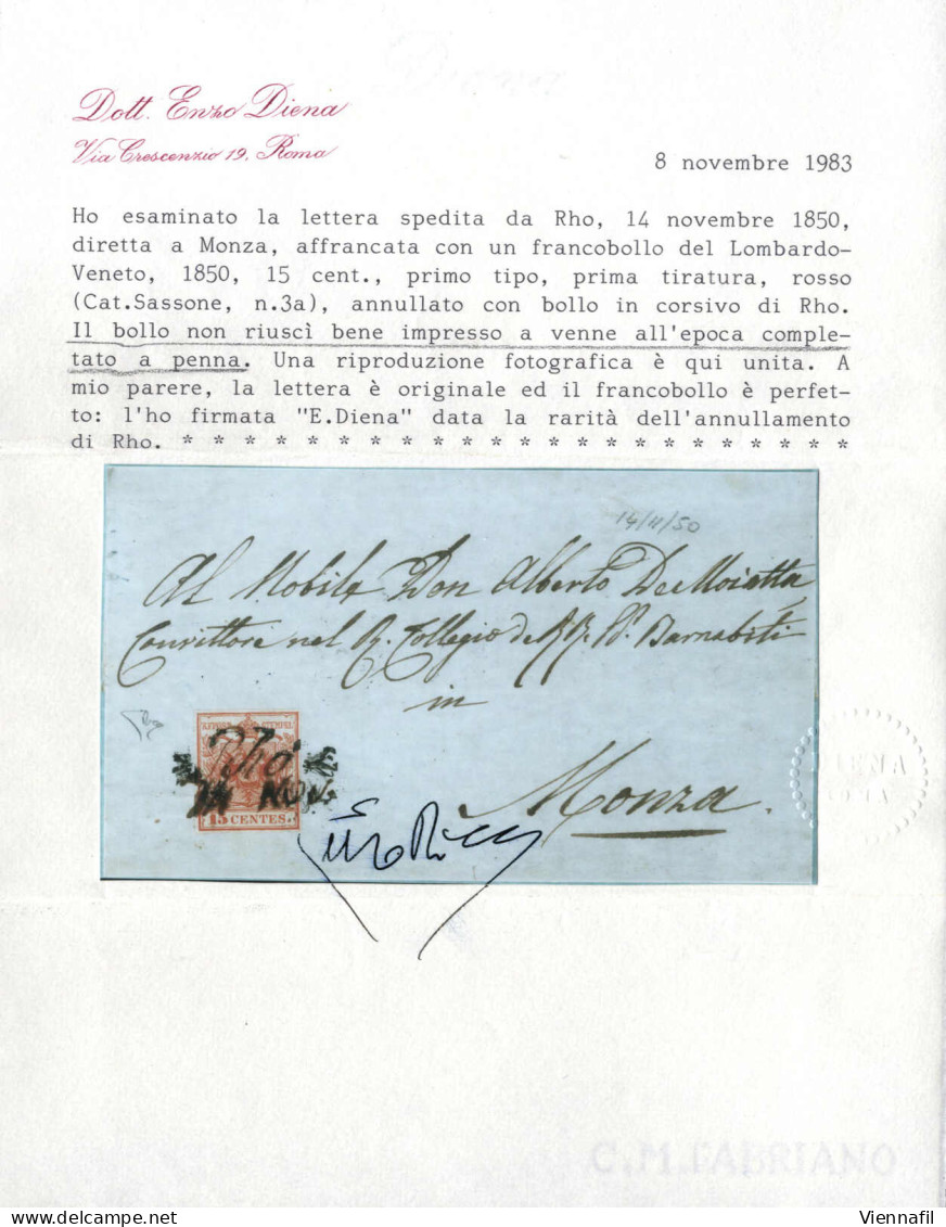 Cover Rho, (Cor. Punti R1) Lettera Del 14.11.1850 Per Monza Affrancata Con 15 C. Rosso I Tipo Prima Tiratura Carta A Man - Lombardo-Vénétie