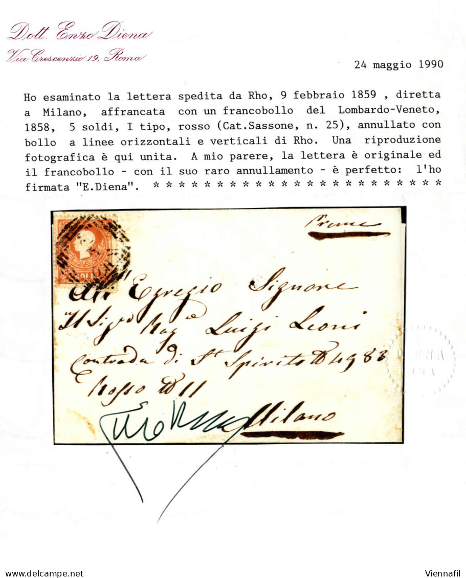 Cover Rho, (LOV Punti 12) Lettera Del 9.2.1859 Per Milano Affrancata Con 5 C. Rosso I Tipo, Cert. Enzo Diena, Sass. 25 / - Lombardo-Vénétie