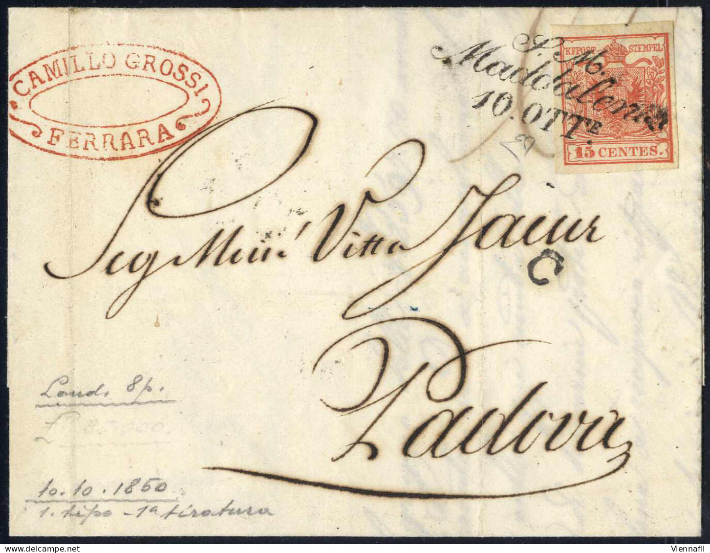 Cover S. M. Maddalena, Cor. Punti 8, Lettera Del 10.10.1850 Per Padova Affrancata Con 15 C. Rosso I Tipo Prima Tiratura  - Lombardo-Vénétie