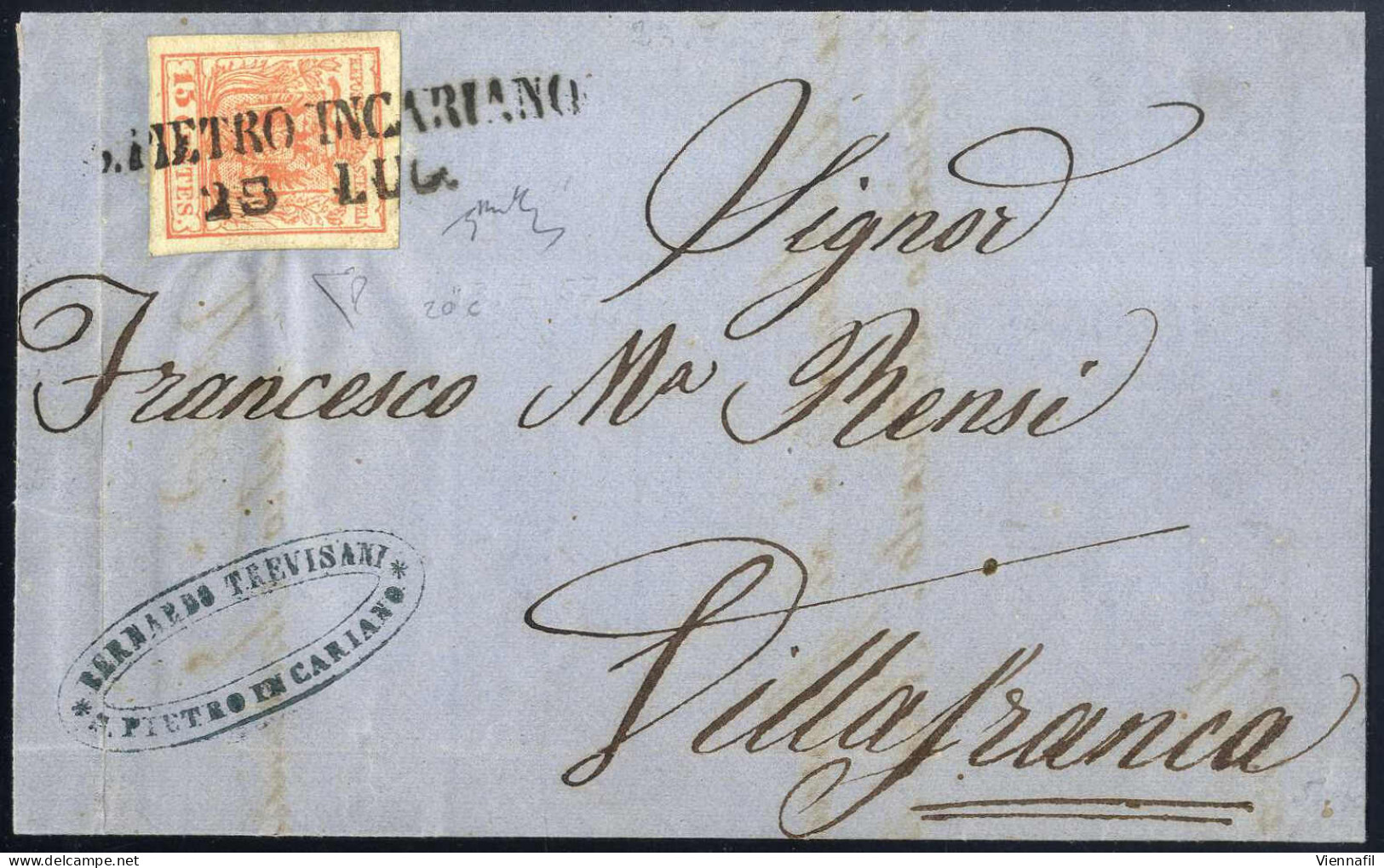 Cover S. Pietro Incariano, SD Punti 8, Lettera Del 23.7.1857 Per Villafranca Affrancata Con 15 C. Rosa Vermiglio Carta A - Lombardo-Vénétie