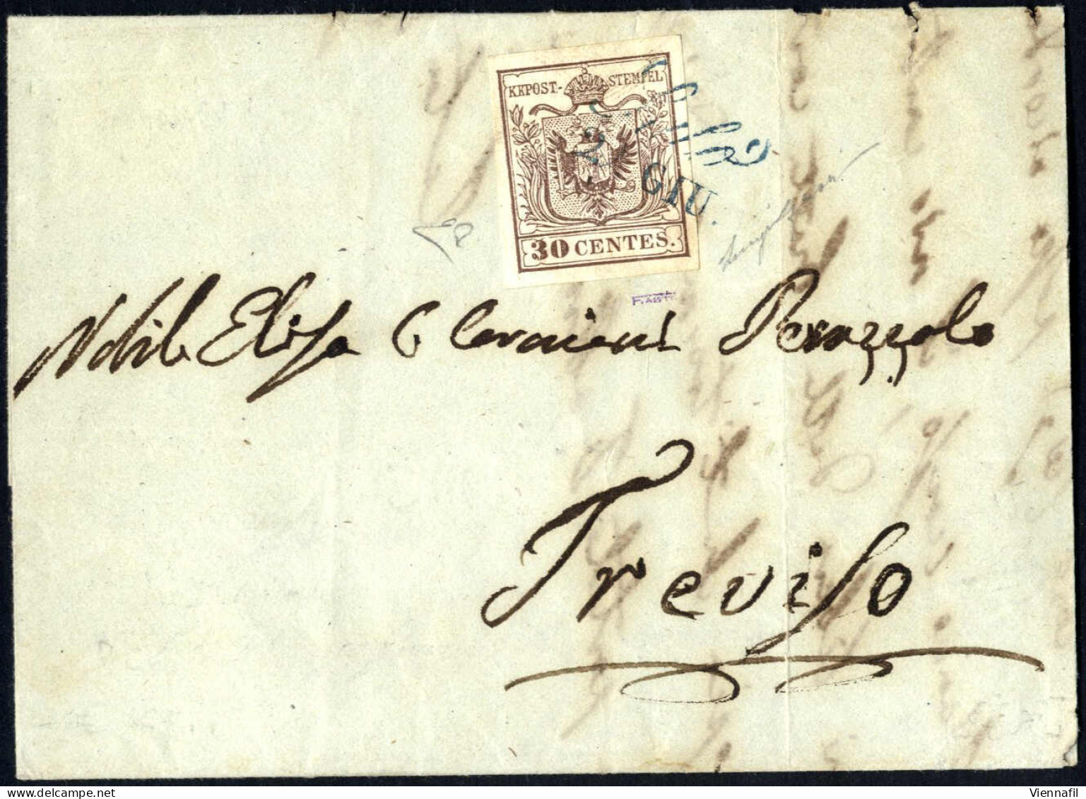 Cover Salò, (SI Azzurro Punti 12) Lettera Del 24.6.1850 Ventiquattresimo Giorno D'uso Per Treviso Affrancata Con 30 C. B - Lombardo-Vénétie