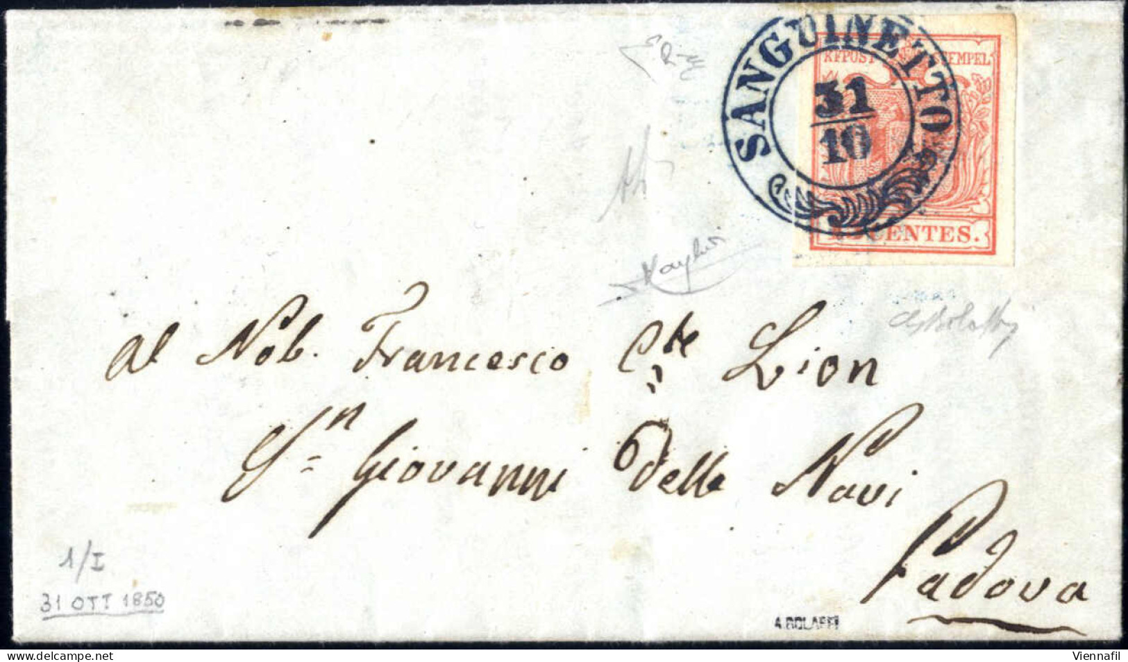 Cover Sanguinetto, (2CO Azzurro Punti 13) Lettera Del 31.10.1850 Per Padova Affrancata Con 15 C. Rosso I Tipo Prima Tira - Lombardo-Venetien