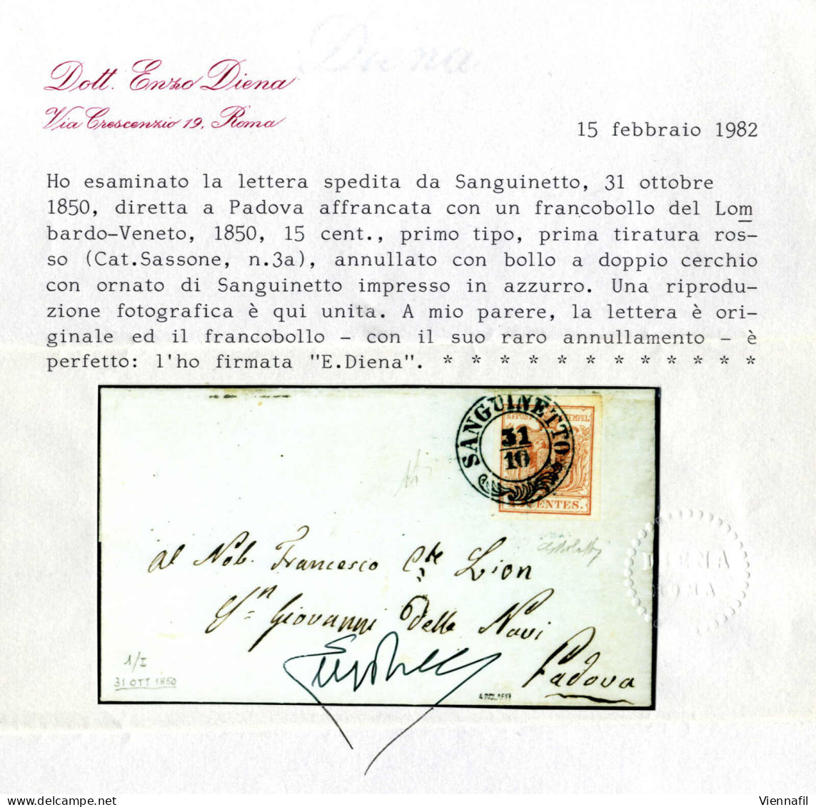 Cover Sanguinetto, (2CO Azzurro Punti 13) Lettera Del 31.10.1850 Per Padova Affrancata Con 15 C. Rosso I Tipo Prima Tira - Lombardo-Venetien