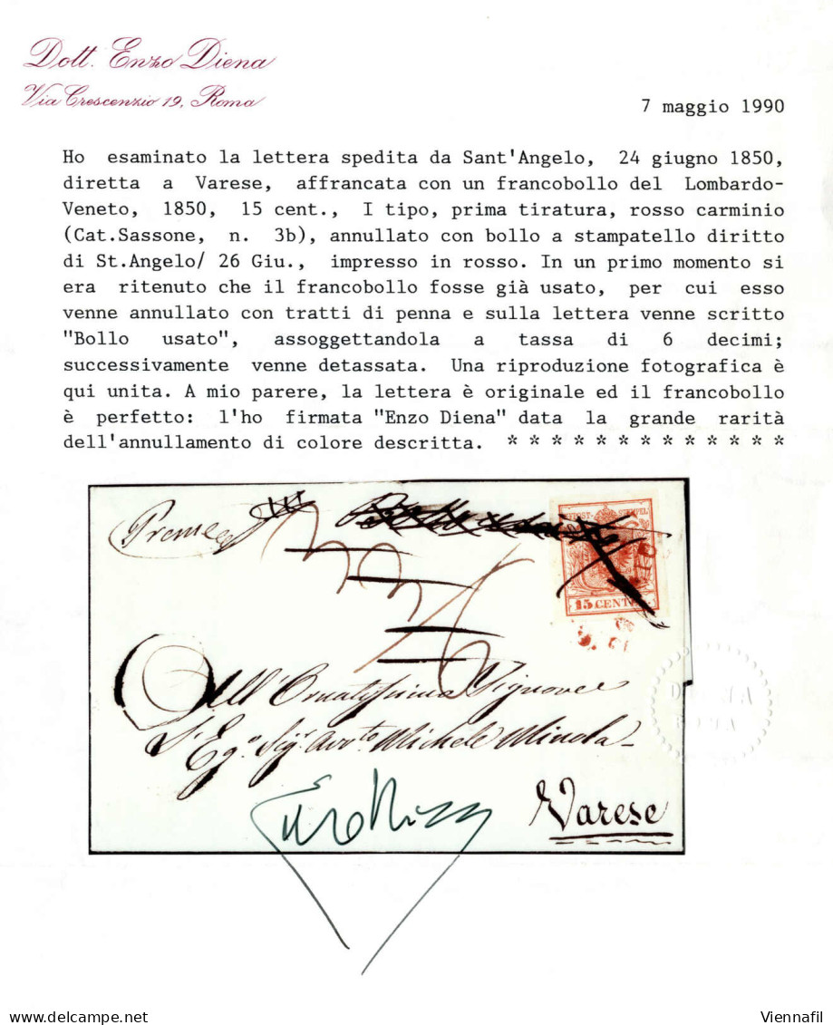Cover St. Angelo, SD Rosso Punti R4, Lettera Del 24.6.1850 Per Varese Affrancata Con 15 C. Rosso Carminio I Tipo Prima T - Lombardy-Venetia