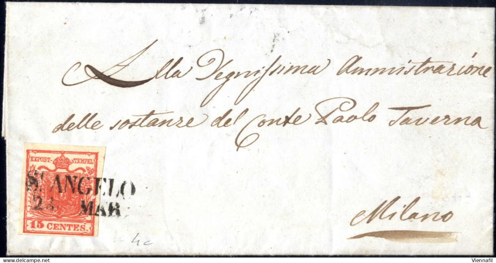 Cover St. Angelo, SD Punti 13, Lettera Del 24.3.1851 Per Milano Affrancata Con 15 C. Rosso Vermiglio Intenso II Tipo Car - Lombardo-Vénétie