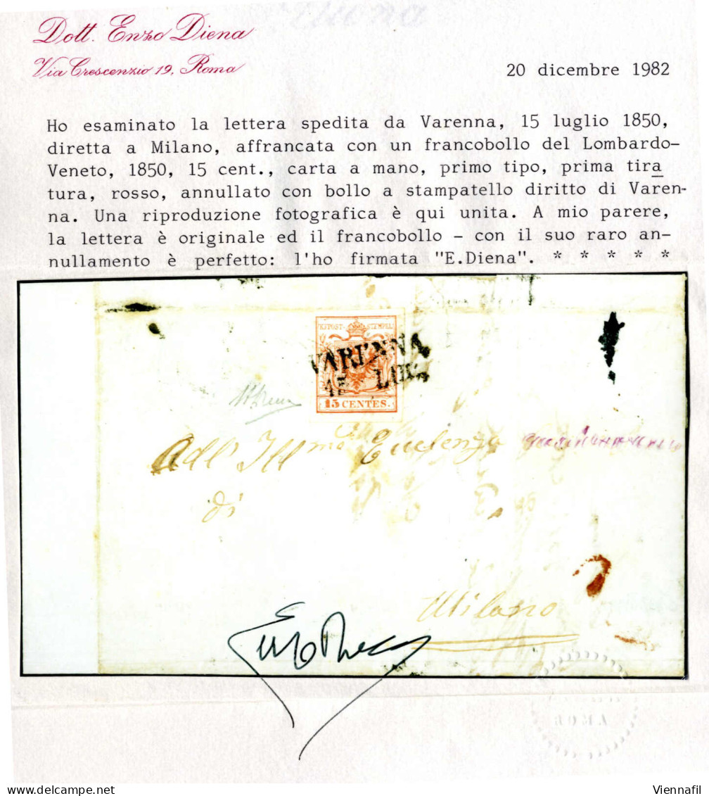 Cover Varenna, SD Punti 12, Lettera Del 15.7.1850 Per Milano, Affrancata Con 15 C. Rosso I Tipo Prima Tiratura Carta A M - Lombardo-Venetien