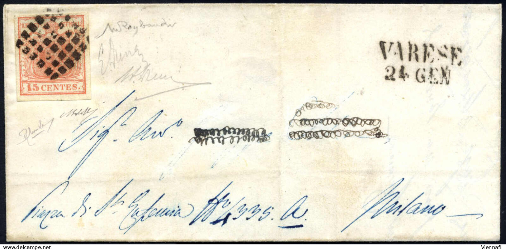 Cover Varese, (M Punti R2),lettera Del 24.1 Per Milano Affrancata Con 15 C. Rosso I Tipo Carta A Mano, Firmata Bolaffi,  - Lombardo-Vénétie
