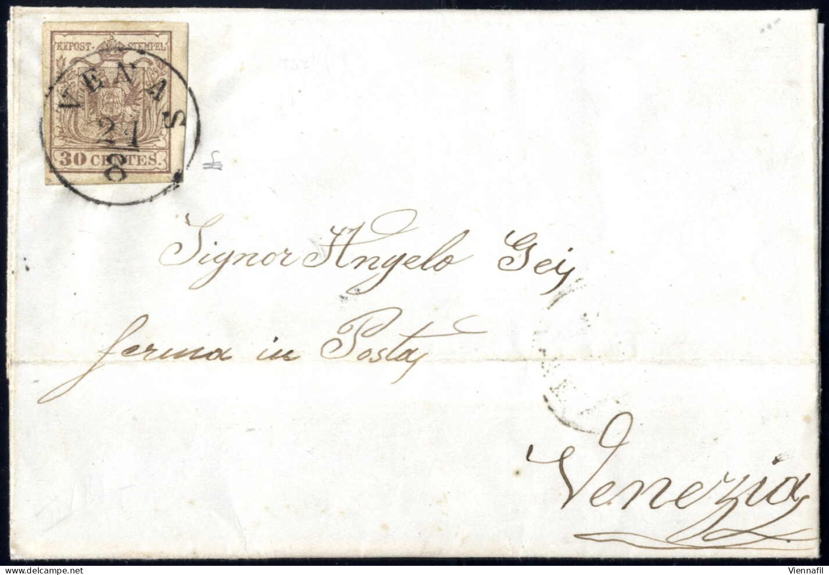 Cover Venas, C1 Punti 6, Lettera Del 21.8.1857 Per Venezia Affrancata Con 30 C. Bruno II Tipo Carta A Macchina, Firmata  - Lombardo-Vénétie