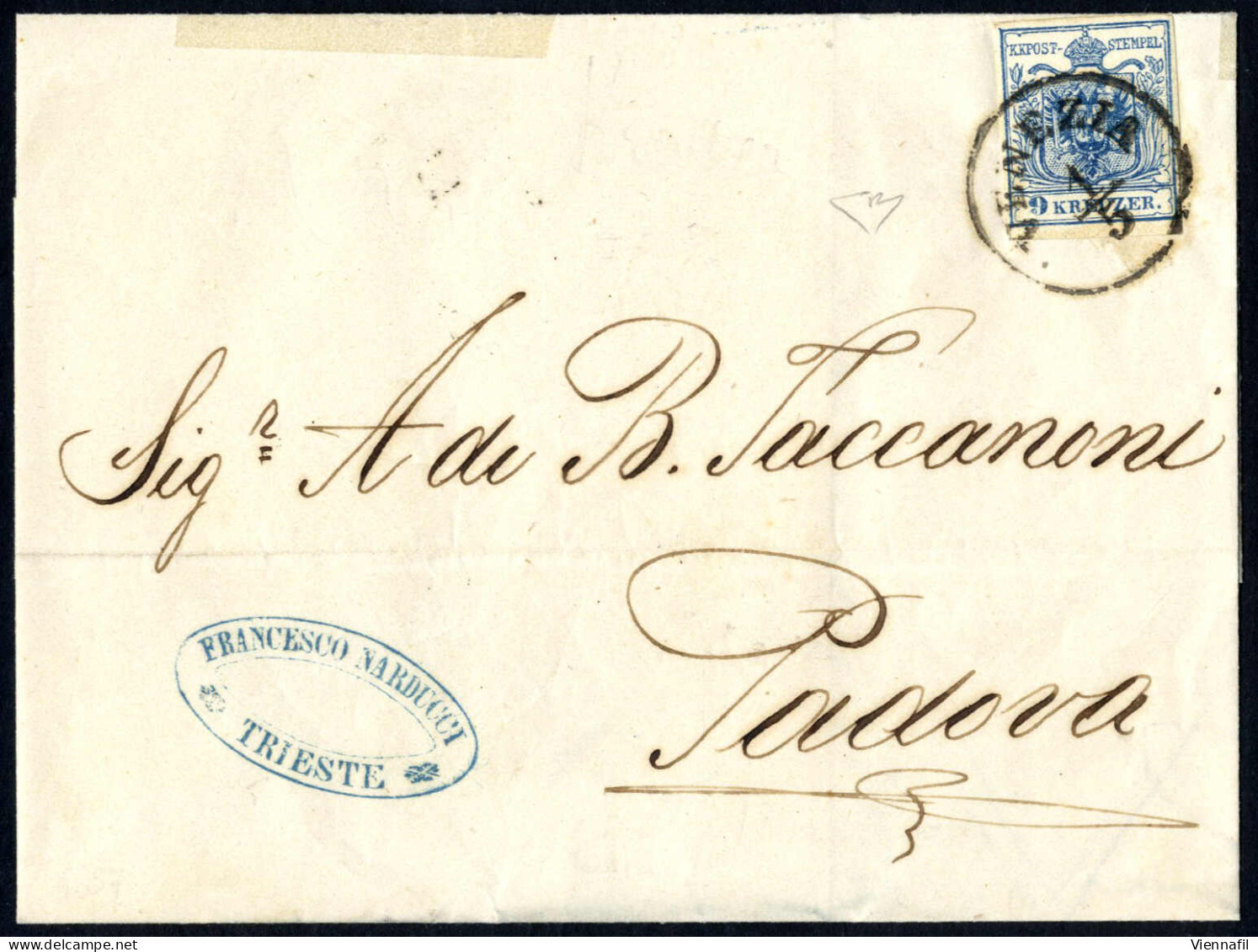 Cover Venezia, (C1 Punti 9) Lettera Del 1.5.1857 Per Padova Affrancata Con 9 Kreuzer Azzurro Carta A Macchina, Cert. Enz - Lombardo-Vénétie